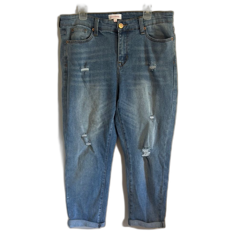 Molly & Isadora Womens Distressed Boyfriend Jeans Medium Wash Size 14